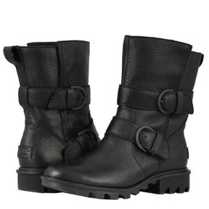 Sorel Phoenix Moto Boots Black Leather Side Buckles Thick Treads Size: 9.5